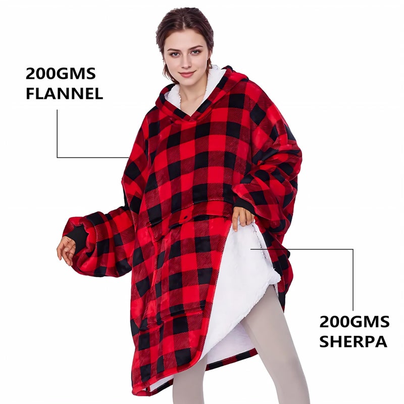 Solaris Oversized Wearable Blanket Hoodie with Pet Pocket, Warm Super Soft Cozy Sherpa Sweatshirt Hoodie for Women Men, Best Gift for Your Loves, Red Plaid - Image 3